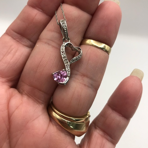 925 LA Silver Heart Necklace with Pink Gemstone - Picture 7 of 11